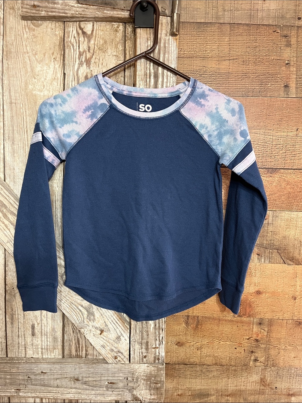 SO Navy Long Sleeve Waffle Top with Pastel Tie-Dye Raglan Shoulders